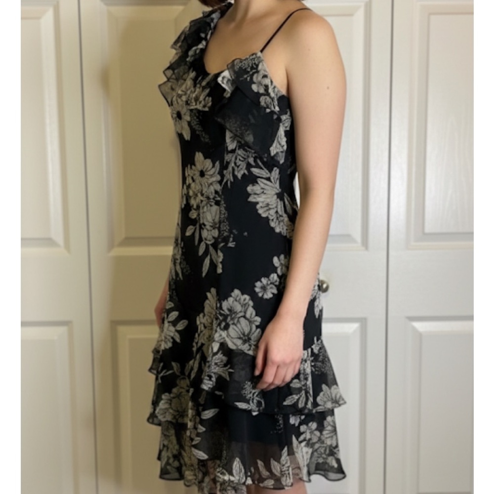 COLLEEN LOPEZ One Shoulder Ruffle Floral Dress, Women’s 8, Black White